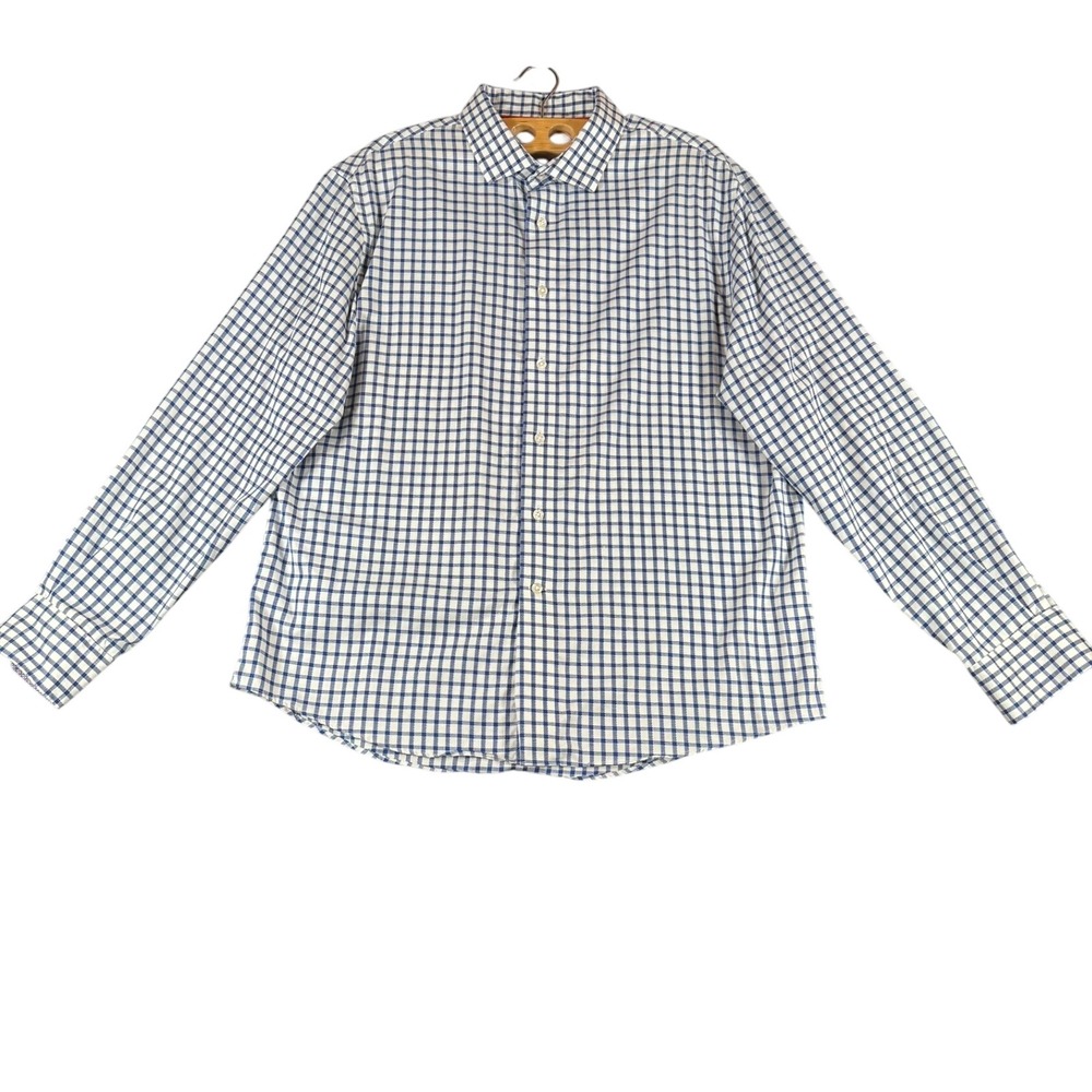Egara Mens XL Blue White Gingham Non-Iron Stretch Long Sleeve Button Down Shirt
